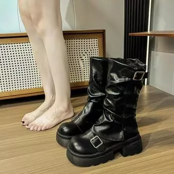 Retro pleated medium boots autumn and winter new round head square buckle locomotive boots women s muffin thick heightening women s shoes 35