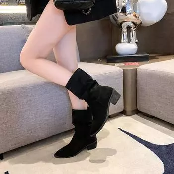 Retro pleated medium tube thin boots new western cowboy stack boots pointed thick heel women s boots 35