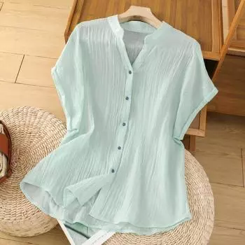 Retro Pleated Shirt with Feminine Temperament Short Sleeved Shirt with Temperament Cardigan Blouses & Shirts M светло-синий