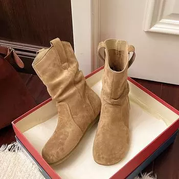 Retro pleated stacked short Martin boots women s autumn new simple and thin retro flat knight boots 35