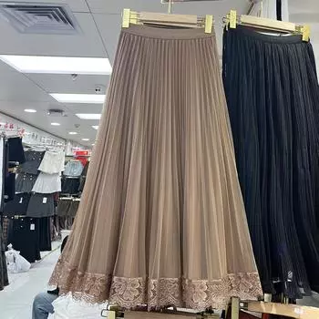 Retro pleated umbrella skirt women s 2025 early spring new high waist drape lace skirt hemline skirt One Size кофейный