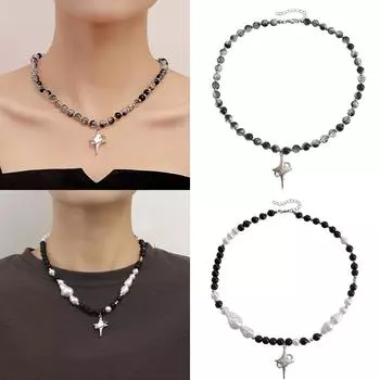 Ретро-плетеное черно-белое ожерелье с подвеской в виде креста и звезды для женщин с холодным и модным стилем, а также в качестве личного аксессуара