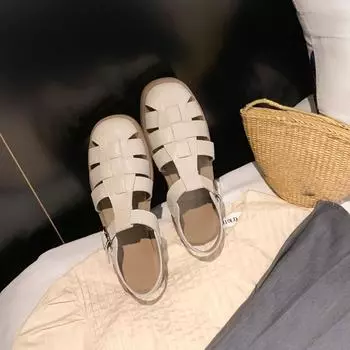 Ретро плетеные римские сандалии Мягкая подошва Ниша Толстая подошва Низкий каблук Полые свиные клетки Туфли из натуральной кожи Женские туфли 35 чёрный