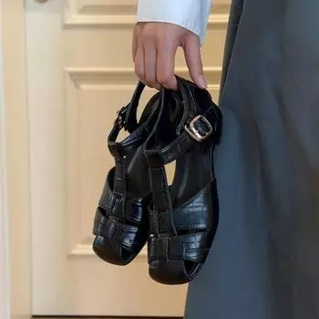 Ретро плетеные туфли-клетка для свиньи женские универсальные кожаные полые дышащие сандалии женские на плоской подошве с круглым носком и сумкой на носке 35