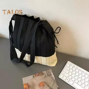 Ретро плиссированная сумка через плечо с застежкой-шнурком, цветная вязаная складная сумка через плечо для шопинга на улице, отпуска серый