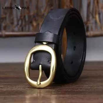 Ретро Плиссированный Модный Ремень с Медной Пряжкой для Женщин Натуральная Кожа Первый Слой Чистая Коровья Кожа Универсальный Джинсовый Ремень 90cm чёрный