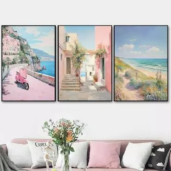Ретро Пляжная Картина Холст Плакат Пастель Итальянский Розовый Амальфи Прибрежный Пейзаж Настенное Искусство Европейские Эстетические Картины Декор Комнаты 21x30cm No Framed