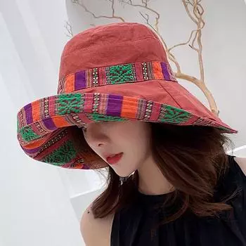 Ретро пляжная шляпа для женщин, летняя защита от солнца, этнический стиль, шляпа с большими полями для прогулок, защита от солнца, крутая шляпа для морского побережья красный