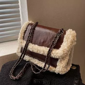 Retro Plush Small Bag Women S Fashion Chain Shoulder Messenger Bag Contrasting Color Small Square Bag хаки