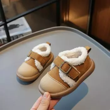 Ретро плюшевые хлопковые туфли для девочек, осень и зима 2024, новые шерстяные туфли на плоской подошве для мальчиков, простая детская повседневная обувь с пряжкой 23 чёрный