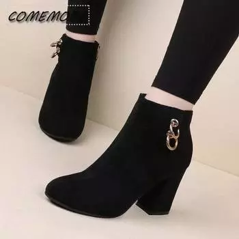 Ретро плюшевые теплые осенне-зимние женские винтажные ботильоны на блочном каблуке с застежкой-молнией, элегантные женские повседневные туфли на высоком каблуке, большие размеры 43 35 чёрный