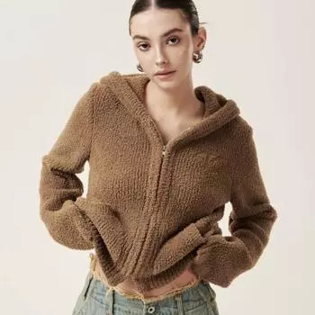 Ретро плюшевый свитер с капюшоном, расклешенные рукава, двойная молния, женская однотонная трикотажная куртка с длинными рукавами, мягкая теплая ткань, новая мода на осень и зиму S