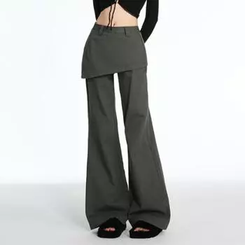 Ретро поддельные рабочие брюки из двух частей, женские свободные повседневные брюки, однотонные расклешенные широкие брюки, новая мода 2025 года, весна и лето S серый