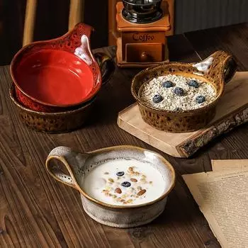 Ретро подглазурная цветная бинауральная салатница Бытовая Десерт Оптовая Леопардовая печь Японская чашка для завтрака Йогуртовая чашка Керамика красный