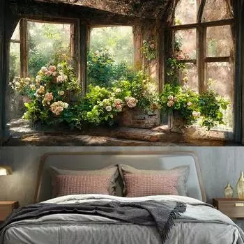 Ретро подоконник с цветочным рисунком, настенная подвеска для комнаты, художественное украшение, хиппи, богемная гостиная, кровать для дома 100x75cm
