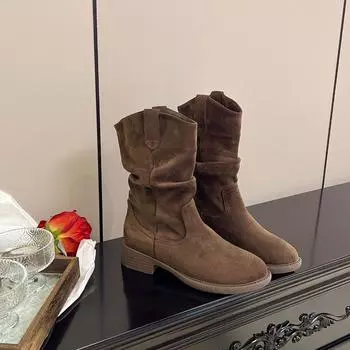 Retro pointed pile boots autumn new merard high heel western cowboy knight boots medium boots short boots 35