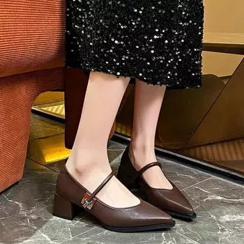 Retro Pointed Single Women s Shoes 2024 Versatile One Line Strap Casual Thick Heel Shallow Metal Buckle Low Heel Women s Shoes 35 чёрный