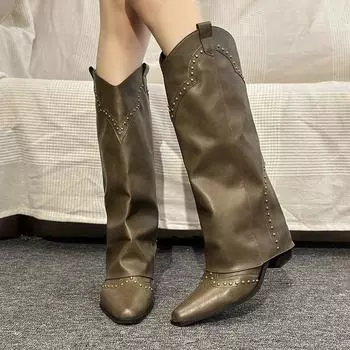 Retro pointed western boots women s autumn and winter 2024 new brown rivet trouser tube boots thick heel fashion boots 35 коричневый