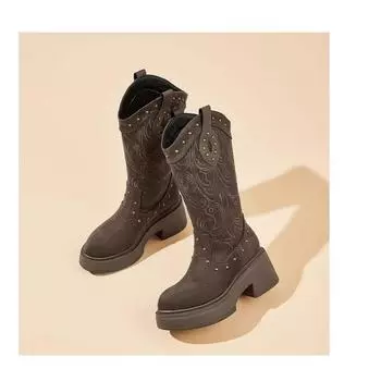 Retro pointed women s boots thick heel sleeve knight boots autumn new embroidered mid boots western cowboy boots 35