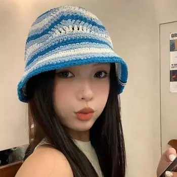 Ретро полосатая контрастного цвета вязаная шапка рыбака детская летняя уличная шерстяная шапка с затенением универсальная шапка для умывания прилив M56-58cm