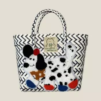 Ретро Полосатая Сумка-Плетеная Такса Тренд Милая Сумка Большая Вместимость Сумка-Тоут Бамбуковая Ручка Сумка-Корзина для Овощей