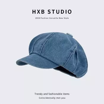 Ретро полосатый стираный деним Облако Газетный мальчик шляпы для женщин лето осень путешествия универсальный индивидуальный плиссированный литературный берет кепка 56-58cm
