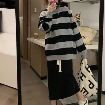 Ретро Полосатый свитер Женская Новая Ранняя Весна Осень Одежда Тонкий Свободный Корейский Вариант Длинный Рукав Топ M
