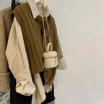 Ретро-полосатый вязаный круглый вырез без рукавов кардиган жилет свитер нерегулярный вязаный жилет женский M белый