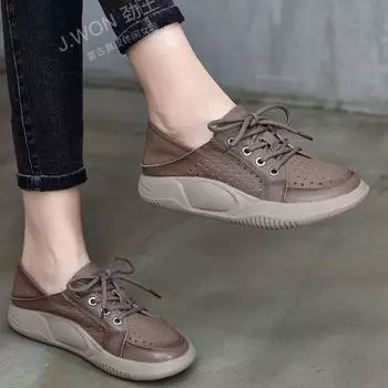 Ретро полые сандалии женские весна-лето 2025 новые спортивные и повседневные туфли женские туфли с сумкой на голове со шнуровкой и мягкой подошвой с отверстиями 35 бежевый