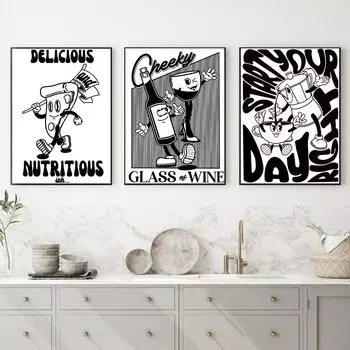 Ретро Поп Кухня Искусство Плакат Мультфильм Дерзкий Бокал Вина Друг Картина Холст Печать Настенная Картина Пицца Кофе Пиво Комната Декор 21x30cm No Framed