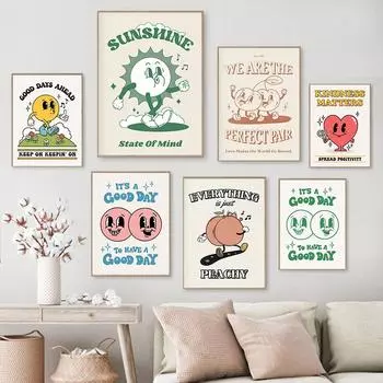 Ретро постер с изображением солнца, кофе, фруктов, солнечного света, холст, картина, мультяшные позитивные цитаты, эстетическая Настенная картина для комнаты, домашний декор 21x30cm No Framed