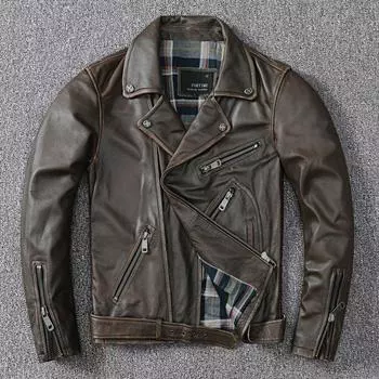 Ретро потертая кожаная куртка Мужская куртка из воловьей кожи первого слоя Толстая кожаная куртка из натуральной кожи Потертая мотоциклетная куртка Мотоциклетная куртка S