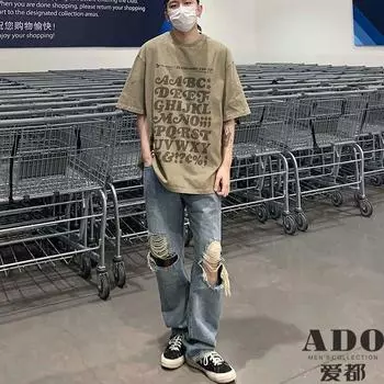 Ретро потертые джинсы мужские летние рваные дырки нишевая дроп чувствую себя свободным прямые брюки-трубы для уборки Ins модные универсальные S