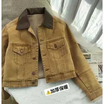 ретро потертый сращивание воротник из искусственной кожи однобортный пряжка набивной утолщенный Интернет знаменитость джинсовая короткая куртка женская зимняя S