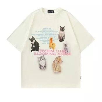 Ретро-Повседневная футболка с круглым вырезом и принтом кота в стиле ретро для мужчин и женщин. Летняя модная тенденция. Чувство дизайна. Удобный топ с короткими рукавами для пар. Harajuku. M белый