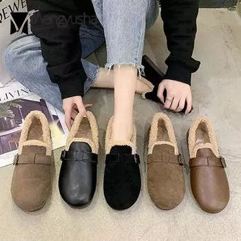 Ретро повседневная зимняя обувь из хлопка, женская шерстяная меховая обувь на плоской подошве с пряжкой, женские мокасины с круглым носком, меховые мокасины, теплые плюшевые кроссовки 2024 6