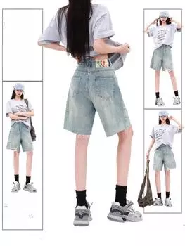 Ретро повседневные джинсовые шорты с высокой талией Y2k женские 2000-е американские горячие девушки прямые летние свободные брюки корейская мода шикарные новые M синий