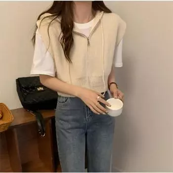 Ретро Повседневный Все с однотонным внешним видом Жилет Женский Топ Молния Кулиска С Капюшоном Ранняя Осень Вязаный Жилет Женский XXXL белый