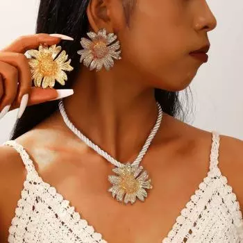 Ретро Преувеличение Личность Дизайн Хип-Хоп Подсолнух Ожерелье Серьги Для Женщин 1 pair-earrings серебряный