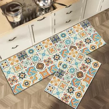 Retro Printed Kitchen Mat Oil proof Kitchen Floor Rugs Crystal Velvet Long Strip Bathroom Balcony Carpet S 40x60cm