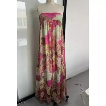 Ретро Принтованное Платье Без Бретелей Длинное Модное Женское Без Рукавов С Открытыми Плечами Плиссированное Vestidos 2025 Лето Леди Пляжная Вечеринка Халаты S красный