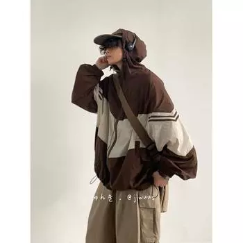 Retro Profile Summer Sun Protective Clothes Jacket Male and Female Students Loose Color Matching Outdoor Sun-Protective Clothing Overalls Brown XL