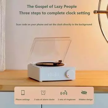 Ретро-проигрыватель виниловых пластинок, беспроводной Bluetooth V5.0, стереозвук, сабвуфер, винтажные динамики с будильником зелёный