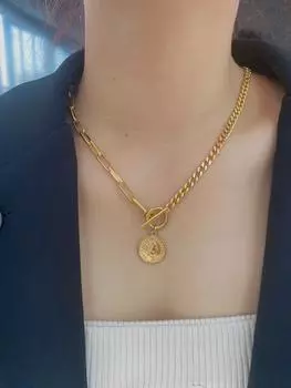 Ретро простая пряжка OT модная уличная съемка титановая сталь 18-каратное золото темпераментная цепочка монета Т-образная пряжка ожерелье браслет