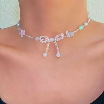 Ретро простой красочный хрустальный бант кулон девушка ожерелье из бисера женский фестиваль