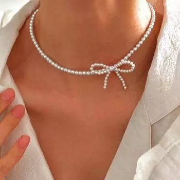 Ретро простой лук с имитацией жемчуга, ожерелье из бисера, бант на ключицу, модные ювелирные аксессуары