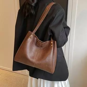 Ретро простые кожаные сумки через плечо для женщин, новые однотонные модные сумки-тоут, трендовые сумки большой емкости