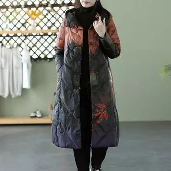 Ретро пряжка 2024 зимняя куртка-пуховик с капюшоном и принтом, свободная куртка с капюшоном и длинными коленями, женская белая утиная пуховая куртка M