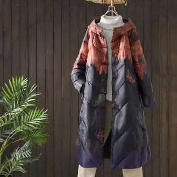 Ретро-пряжка большого размера пуховик с капюшоном новая зимняя женская одежда в этническом стиле средняя и длинная до колена белая утиная пуховая куртка M