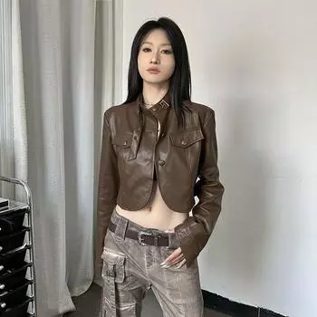 Retro Pu Trendy Cool Maillard Brown Short Leather Jacket Coffee L